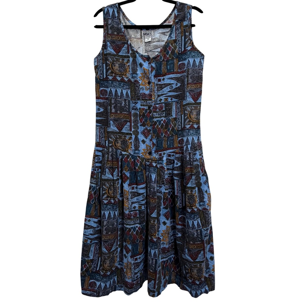 VTG Trend Basics Blue Geometric Celestial Cottagecore Button Front Dress Sz S